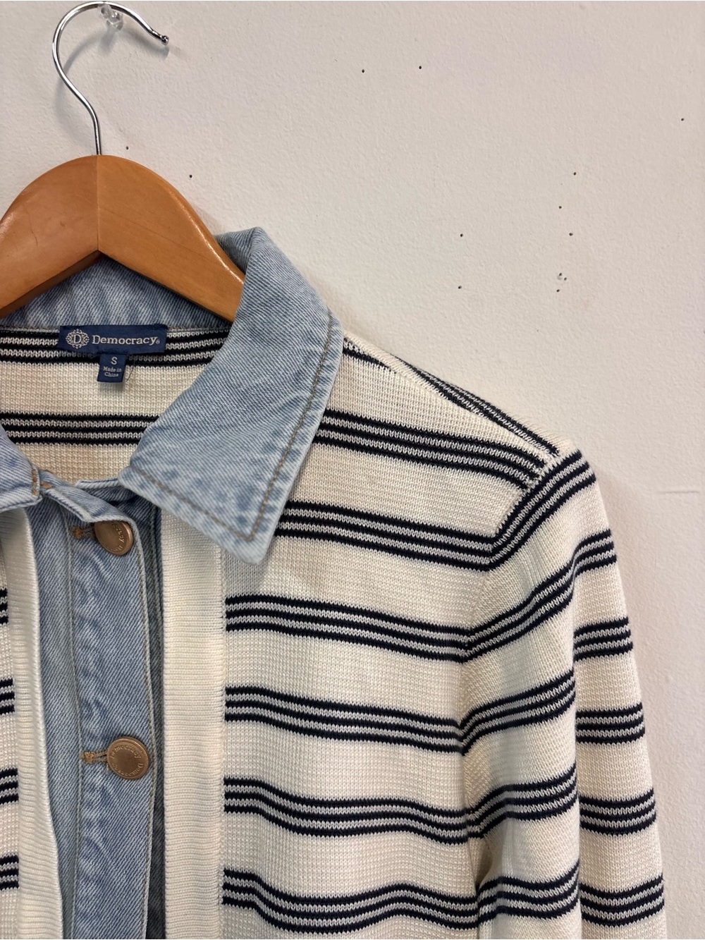 Democracy Cream & Navy Striped Knit Jacket with Denim Trim - Picture 2 of 4